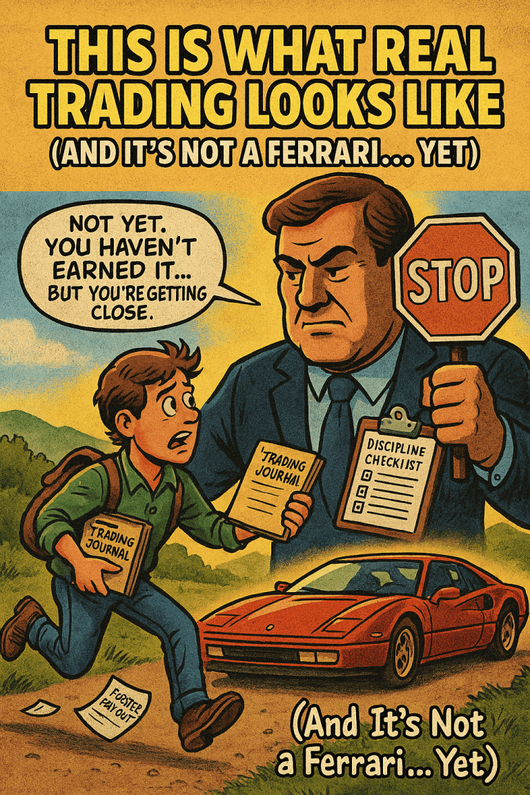 Comic-style image of a trader being blocked from a Ferrari by a market figure holding a stop sign and discipline checklist