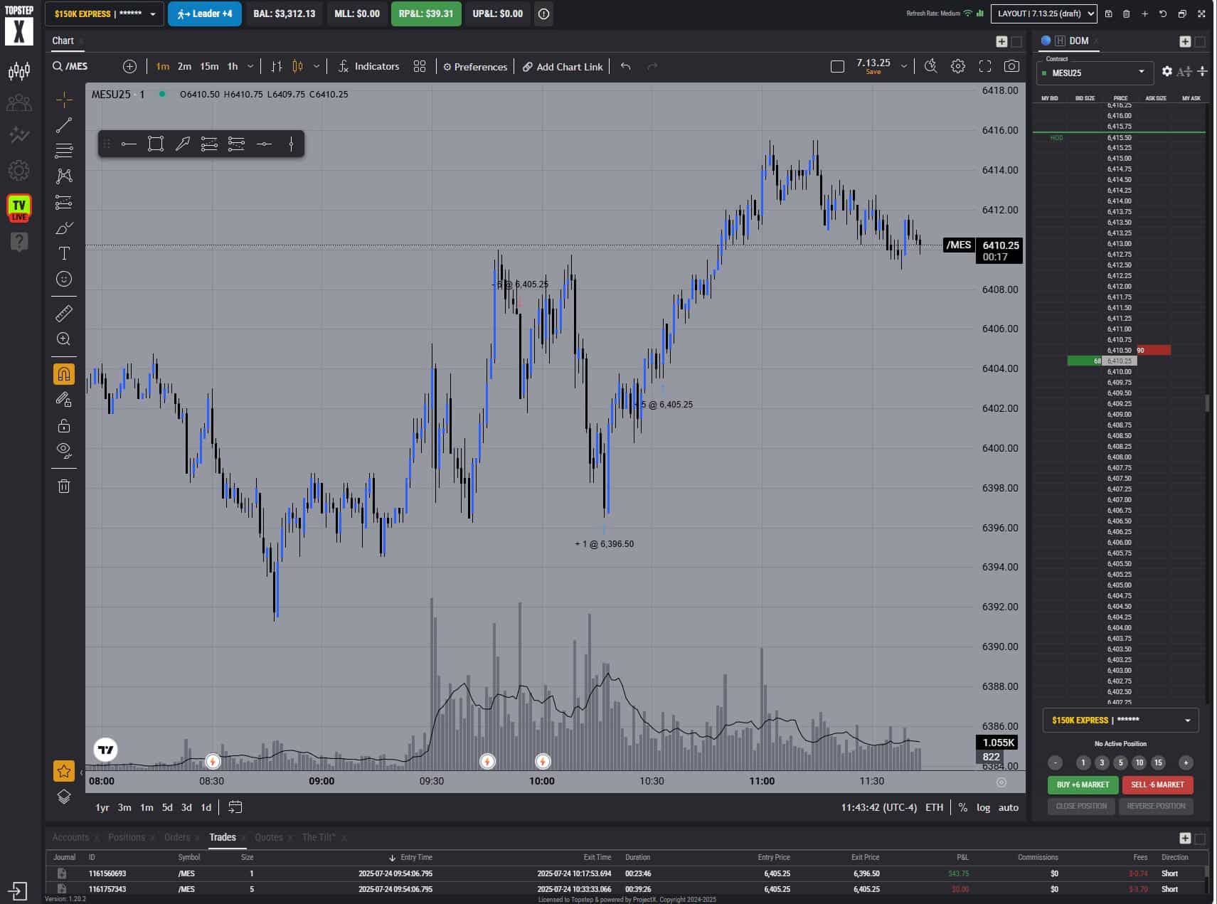 TopStep screenshot showing $3,312.13 account balance with a 6-contract short trade executed using the BoS Sniper system on July 24, 2025