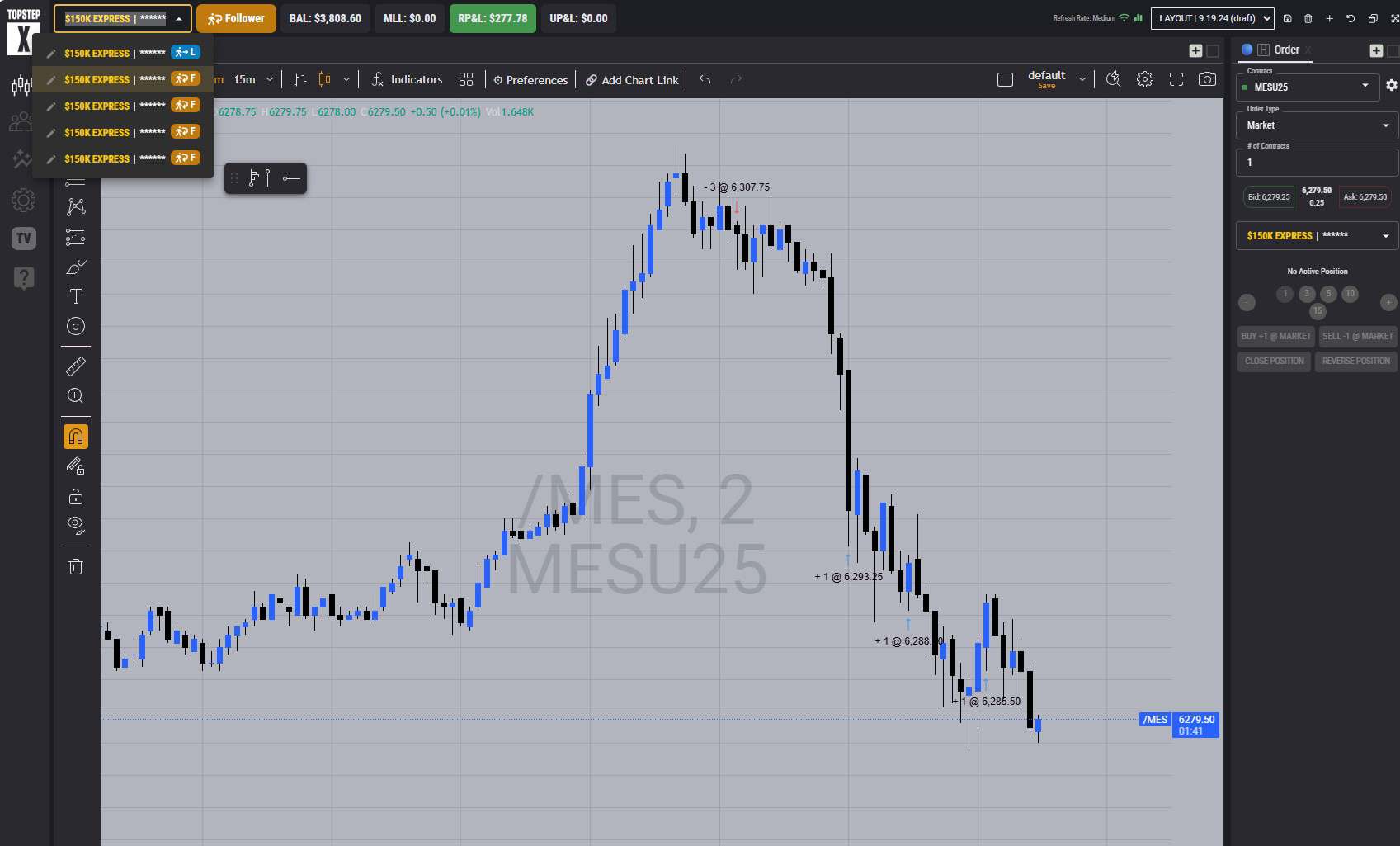 Topstep follower account showing $3,808.60 balance and $277.78 profit from copy trade