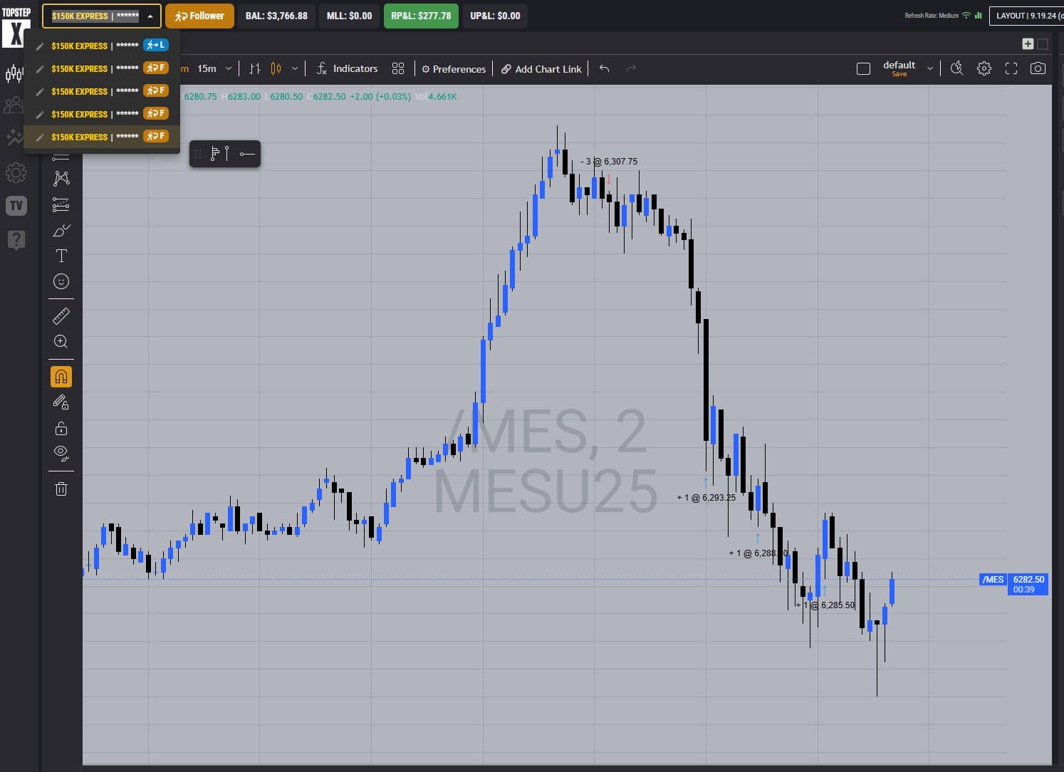 Topstep follower account with $3,766.88 balance and $277.78 profit from copy-traded sniper strategy