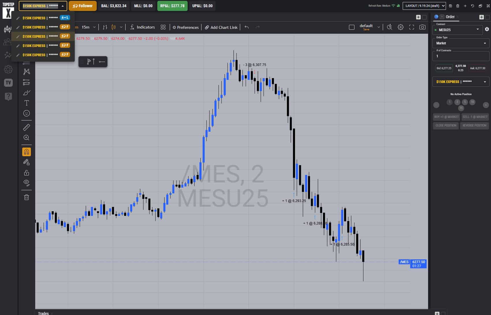 Topstep follower account with $3,822.34 balance and $277.78 profit from BOS sniper trade