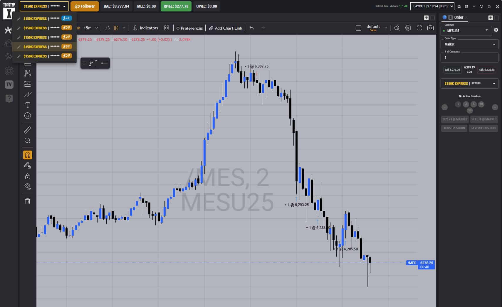 Topstep follower account with $3,777.84 balance and $277.78 profit from sniper trade