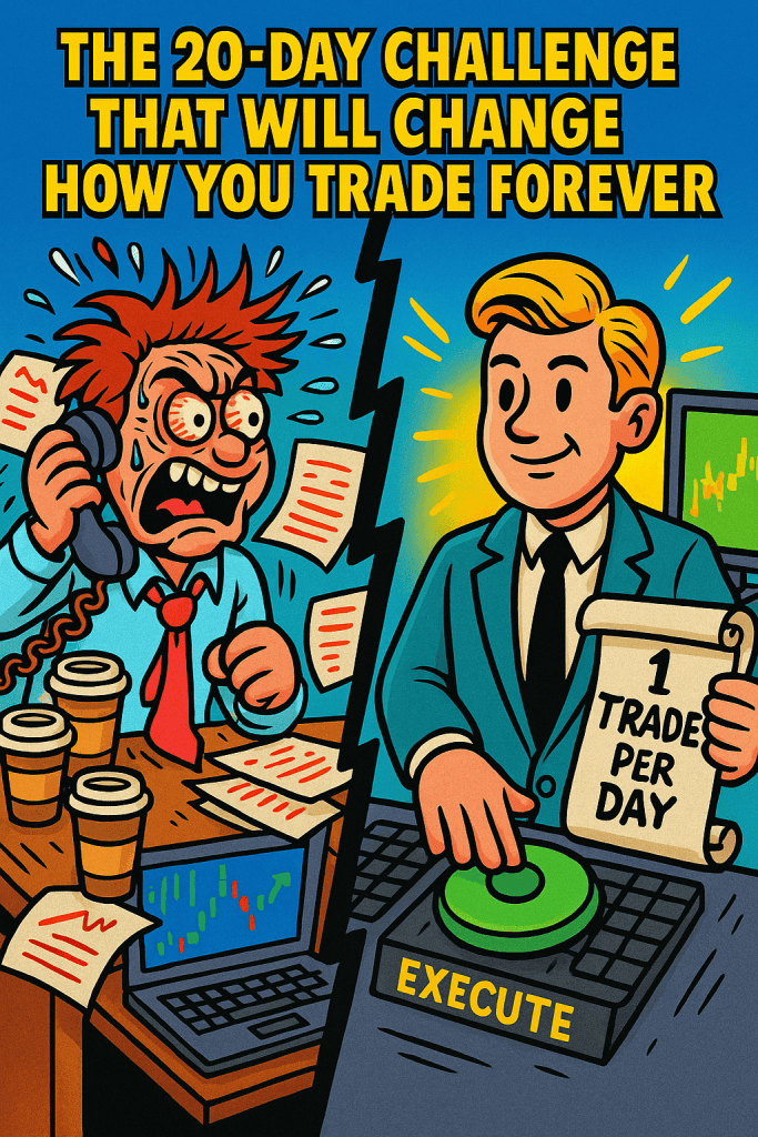 Cartoon-style image of a chaotic trader transforming into a calm trader holding a “1 Trade Per Day” scroll and pressing an execute button