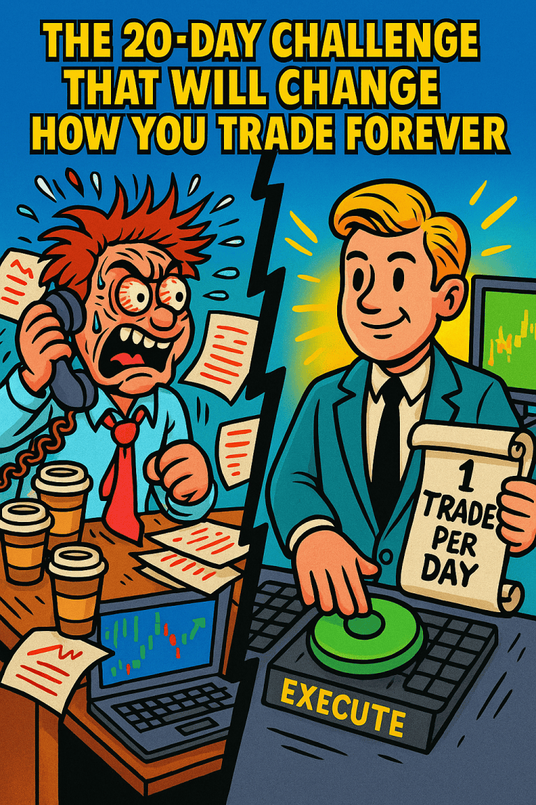 Cartoon-style image of a chaotic trader transforming into a calm trader holding a “1 Trade Per Day” scroll and pressing an execute button