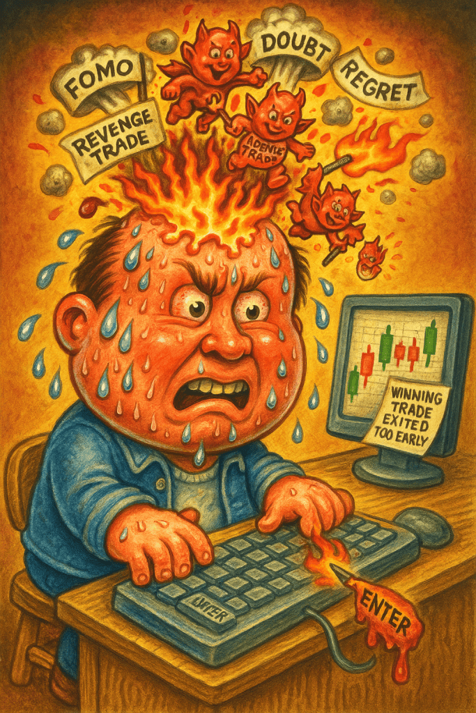Cartoon trader sweating with a swollen head while demons labeled FOMO, DOUBT, and REVENGE TRADE cause chaos around him. Trading screen shows BoS setup with +$225 gain.