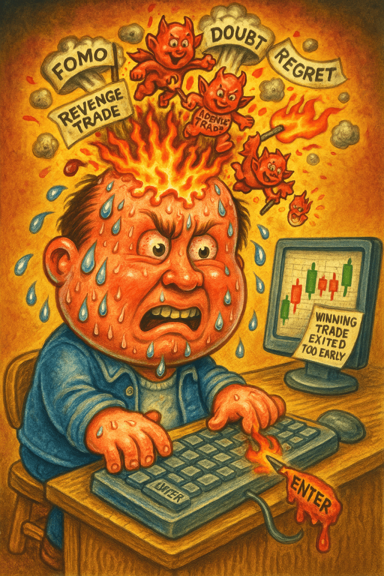 Cartoon trader sweating with a swollen head while demons labeled FOMO, DOUBT, and REVENGE TRADE cause chaos around him. Trading screen shows BoS setup with +$225 gain.