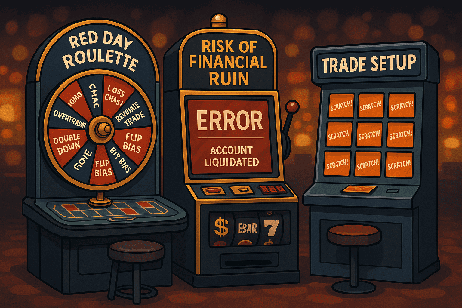 A digital illustration of casino games themed around trading, including a 'Risk of Financial Ruin' slot machine and a 'Red Day Roulette' table.