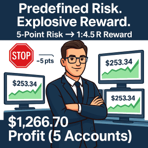 Cartoon-style trader graphic showing BoS Sniper ES futures results: predefined 5-point risk, 1:4.5R reward, and $1,266.70 profit across 5 funded accounts