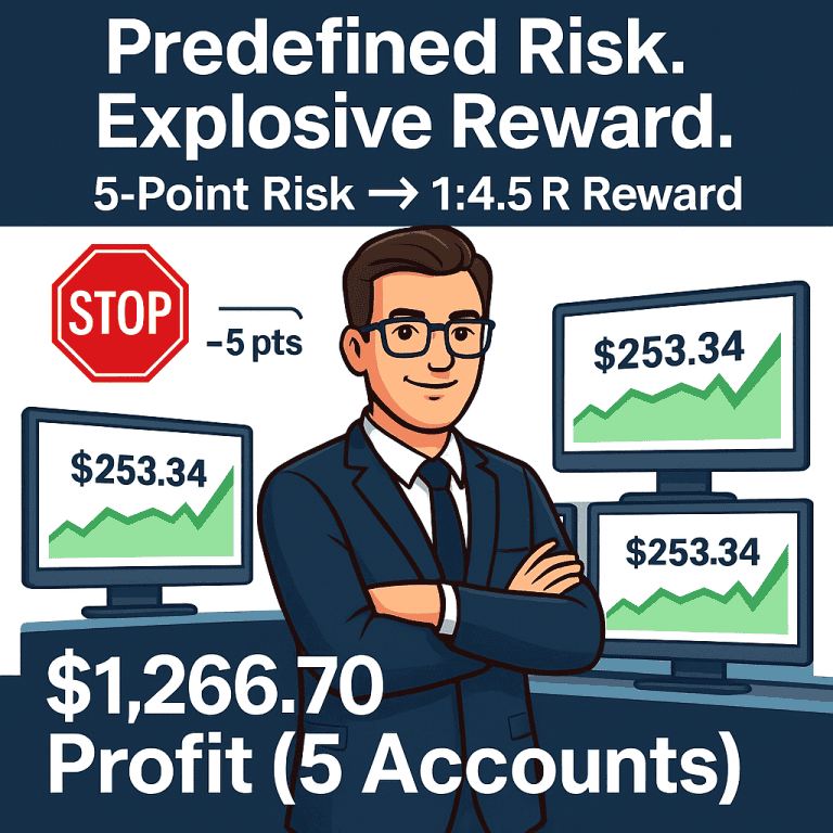 Cartoon-style trader graphic showing BoS Sniper ES futures results: predefined 5-point risk, 1:4.5R reward, and $1,266.70 profit across 5 funded accounts