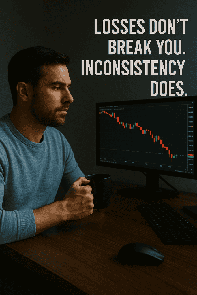 Calm trader sitting at his desk with a coffee mug, watching a bearish candlestick chart drop, showing discipline during drawdown.