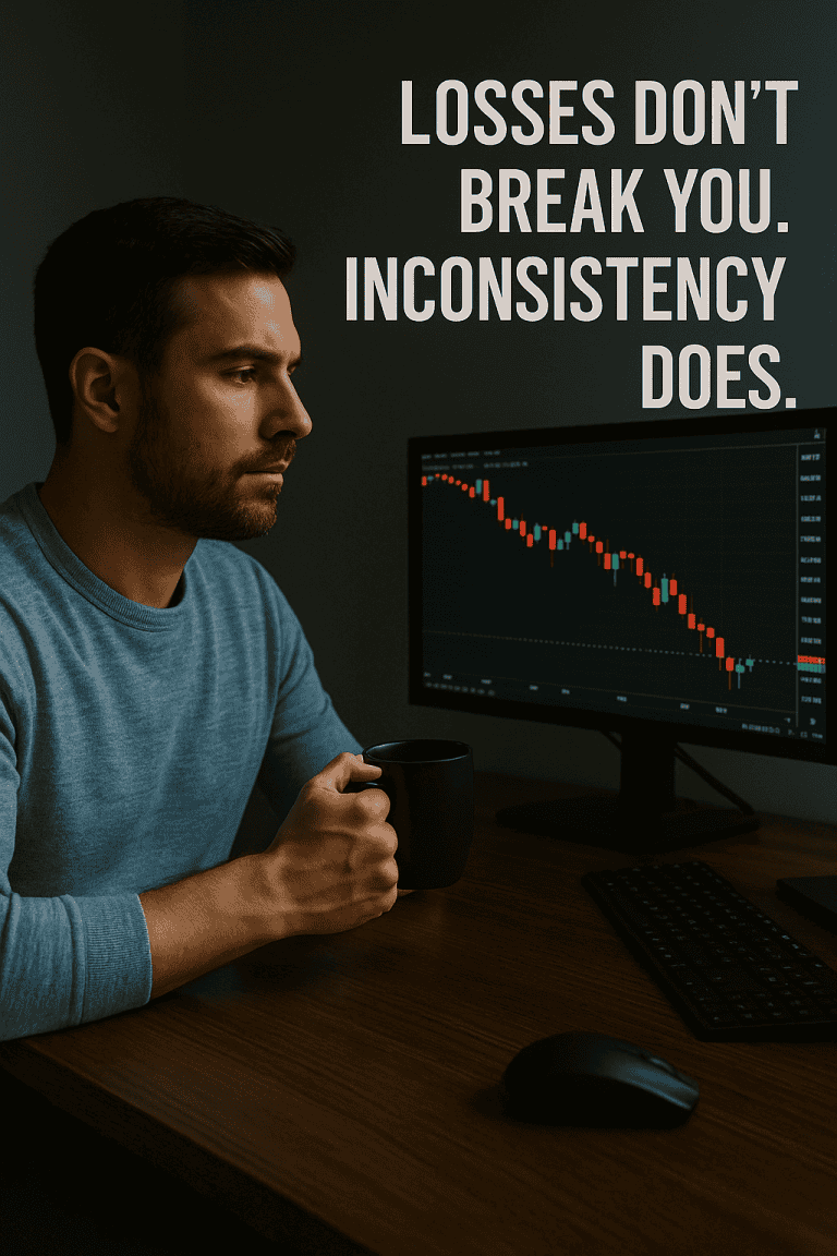 Calm trader sitting at his desk with a coffee mug, watching a bearish candlestick chart drop, showing discipline during drawdown.