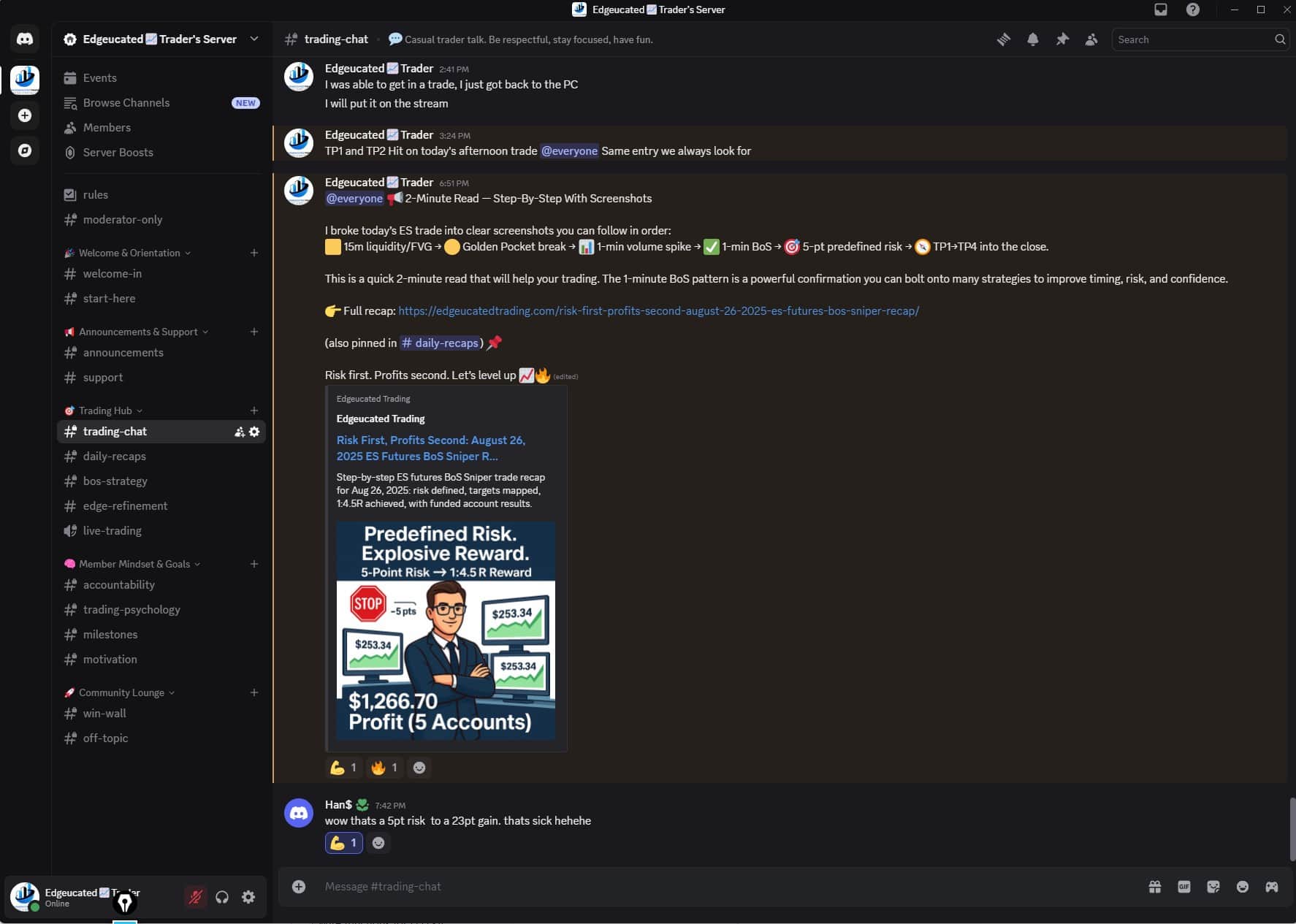 Discord screenshot showing real-time @here trade alert and step-by-step recap link