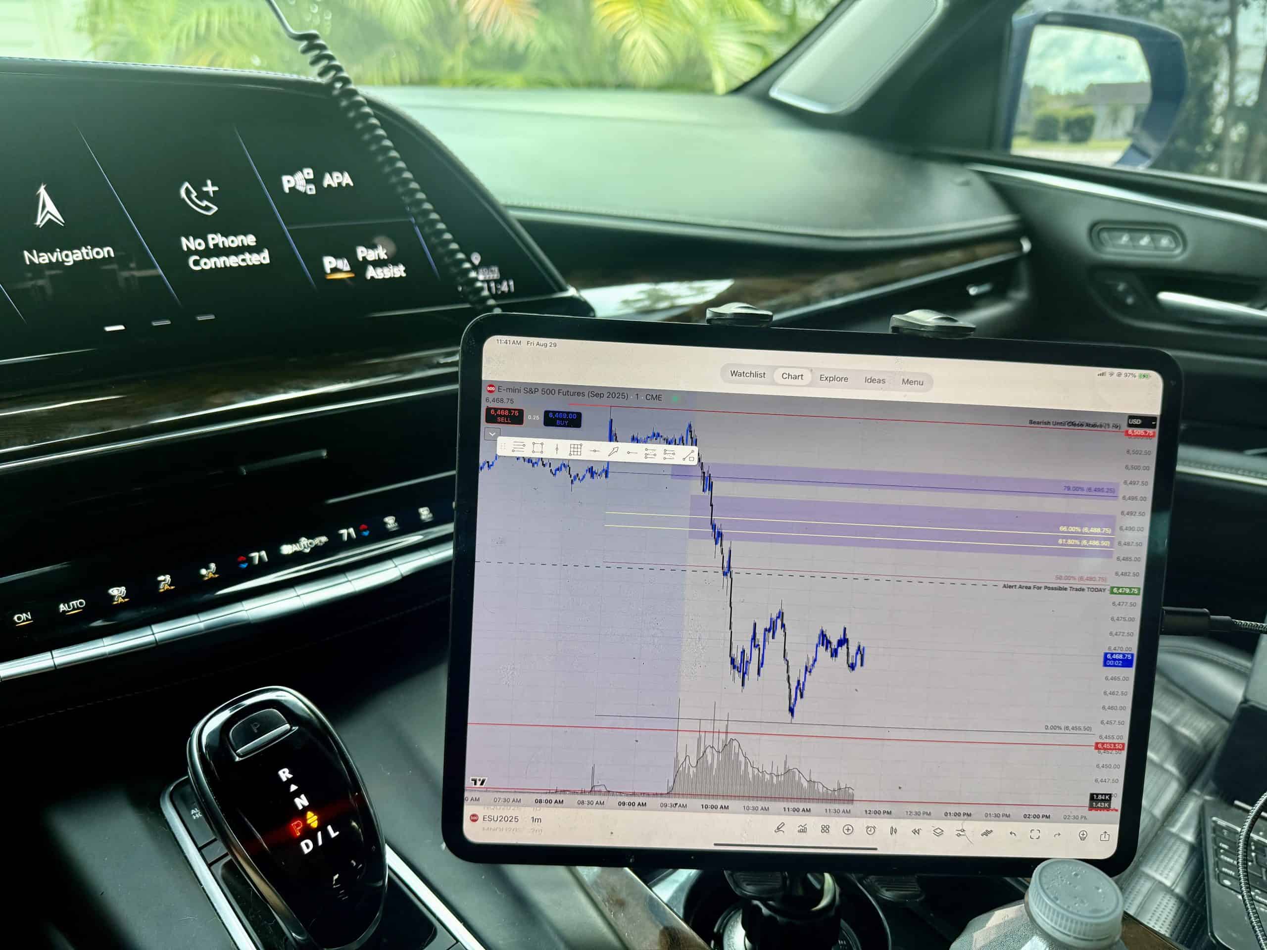 Mobile screenshot: iPad in car with TradingView showing BoS Sniper context; real-time setup alert for Edgeucated Trading Discord