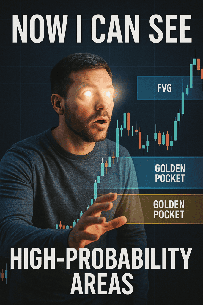 Dramatic trading concept image showing a trader with glowing eyes realizing high-probability areas on a candlestick chart, with Golden Pocket and FVG zones highlighted.