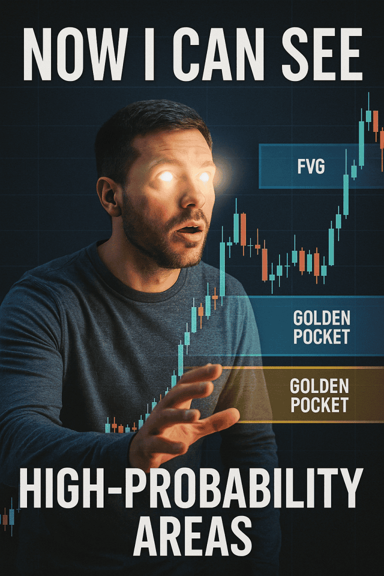 Dramatic trading concept image showing a trader with glowing eyes realizing high-probability areas on a candlestick chart, with Golden Pocket and FVG zones highlighted.