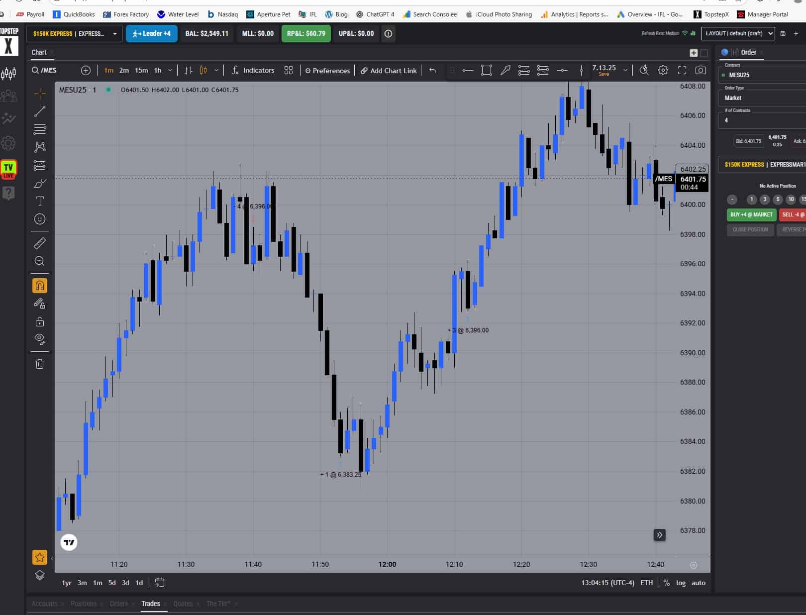 Screenshot of five TopStep 150K funded accounts showing execution of the same ES short trade for transparency.