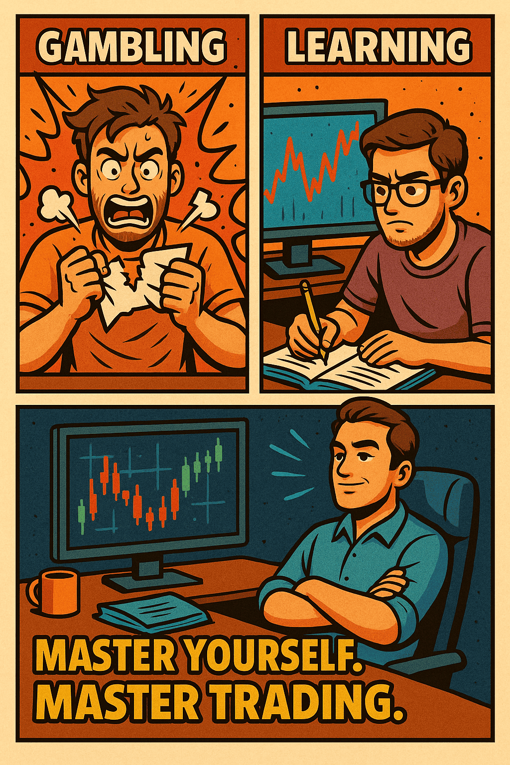 Three-panel cartoon showing the transformation from chaos (gambler) → struggle (learner) → calm, disciplined trader with glowing candlestick charts.