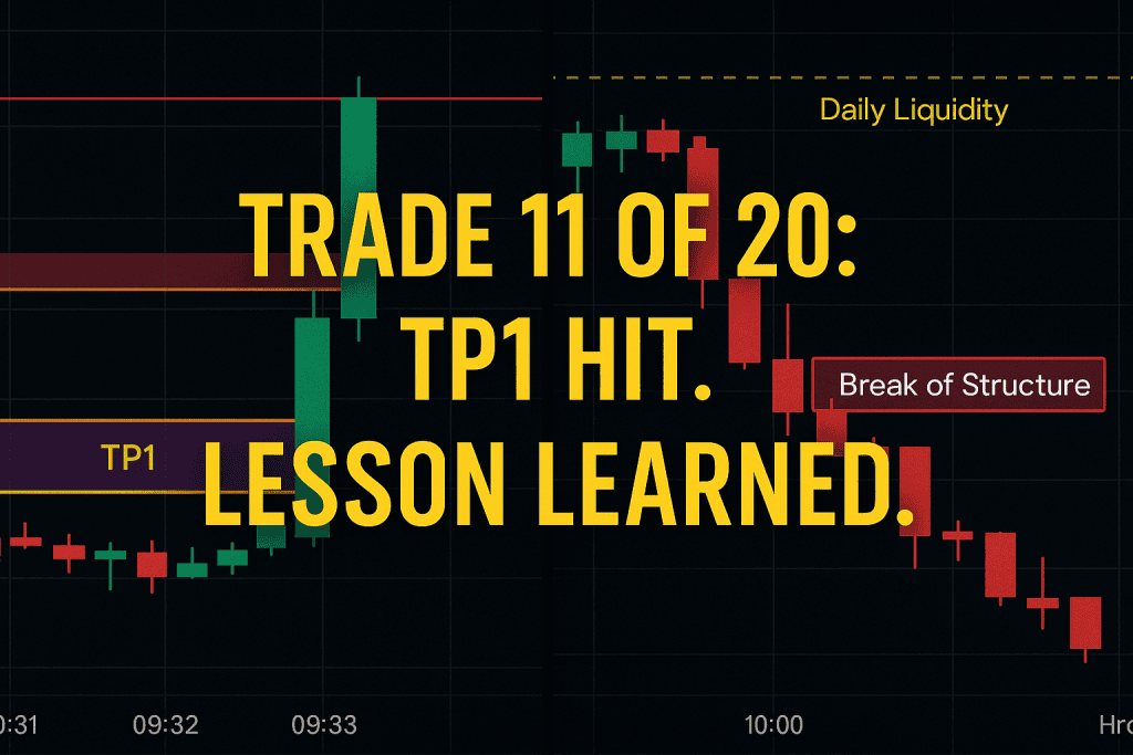 Split-screen trading image showing TP1 hit on 1-minute chart and bearish BoS on 1-hour chart with bold yellow overlay text