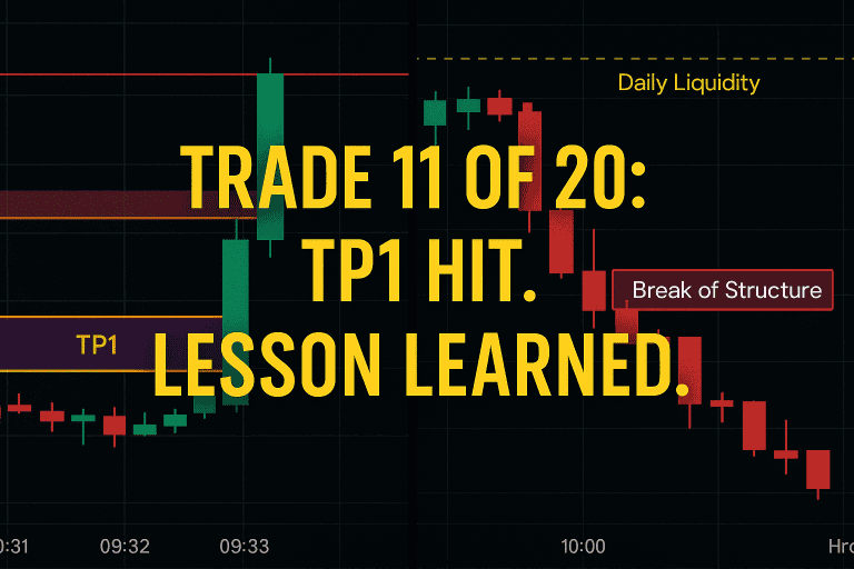 Split-screen trading image showing TP1 hit on 1-minute chart and bearish BoS on 1-hour chart with bold yellow overlay text