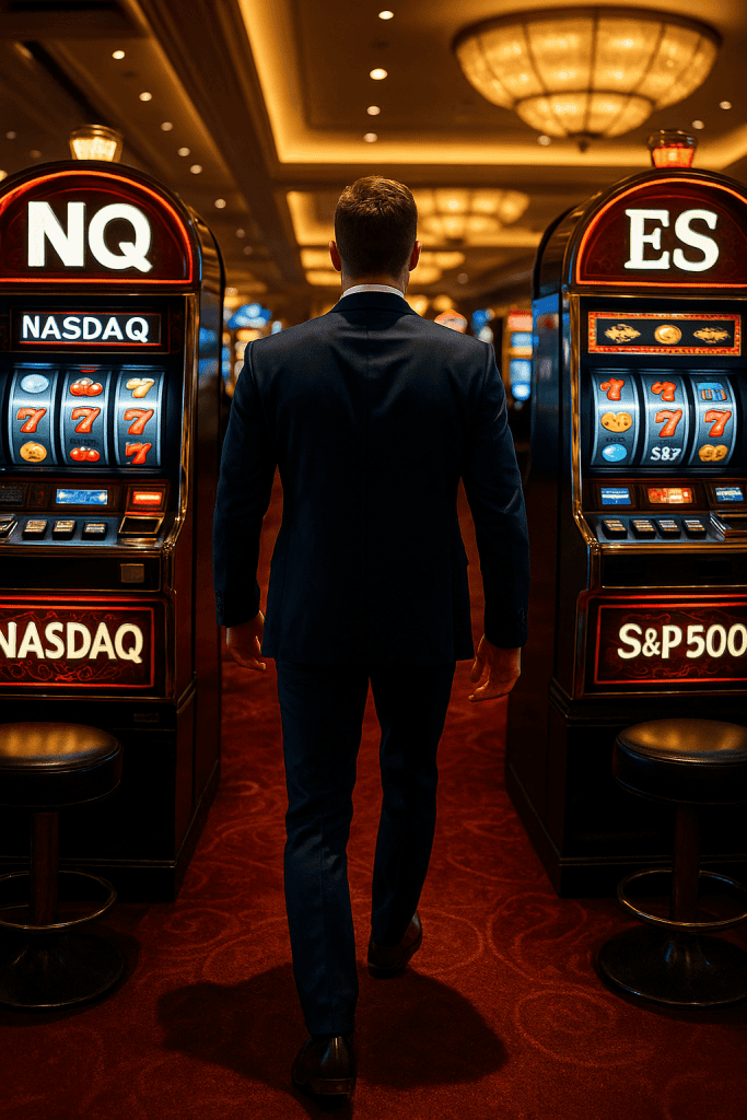 Confident trader walking into a casino between ES and NQ slot machines — symbolizing futures trading psychology and the casino mindset