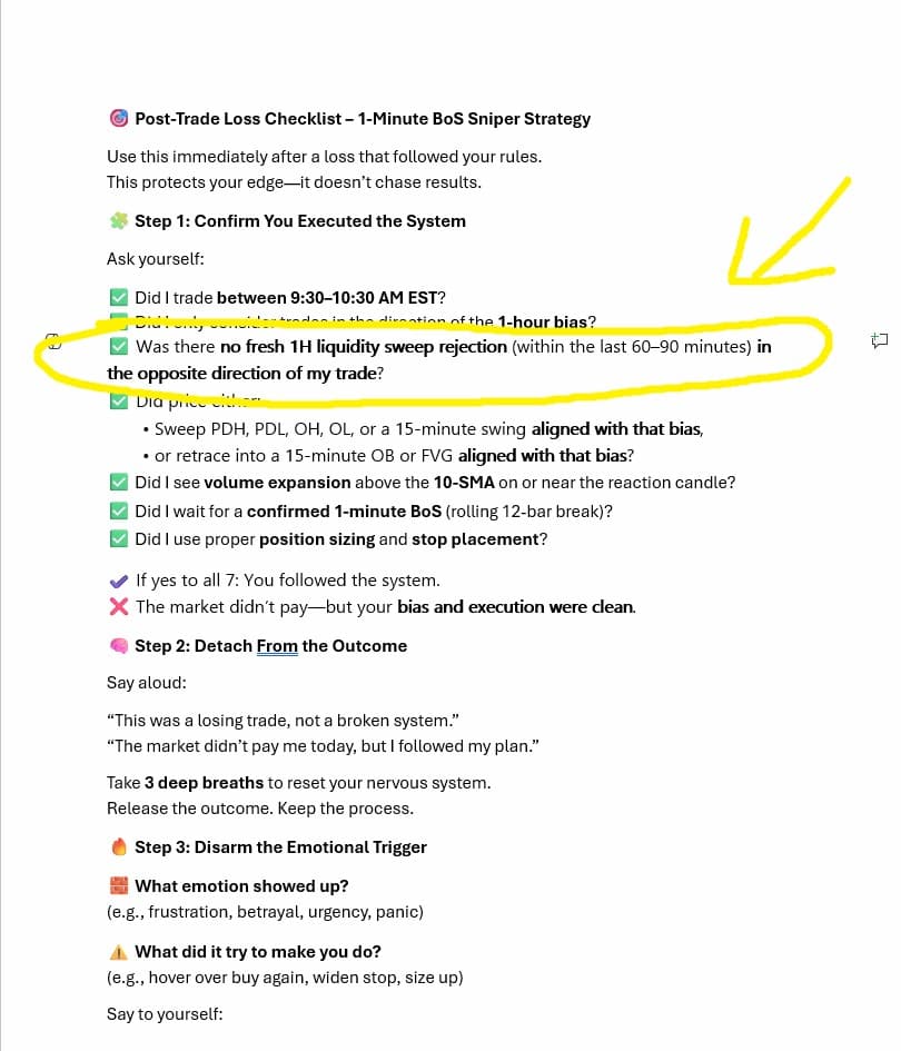 Post-trade loss checklist showing missed rule on 1H liquidity sweep rejection – key trading psychology growth moment on August 5, 2025