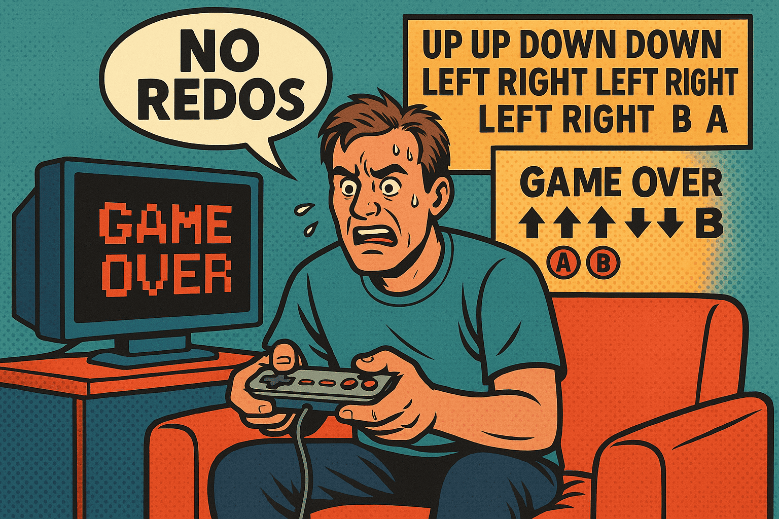 Cartoon gamer with 'NO REDOS' and the Contra cheat code, symbolizing there are no resets in trading.