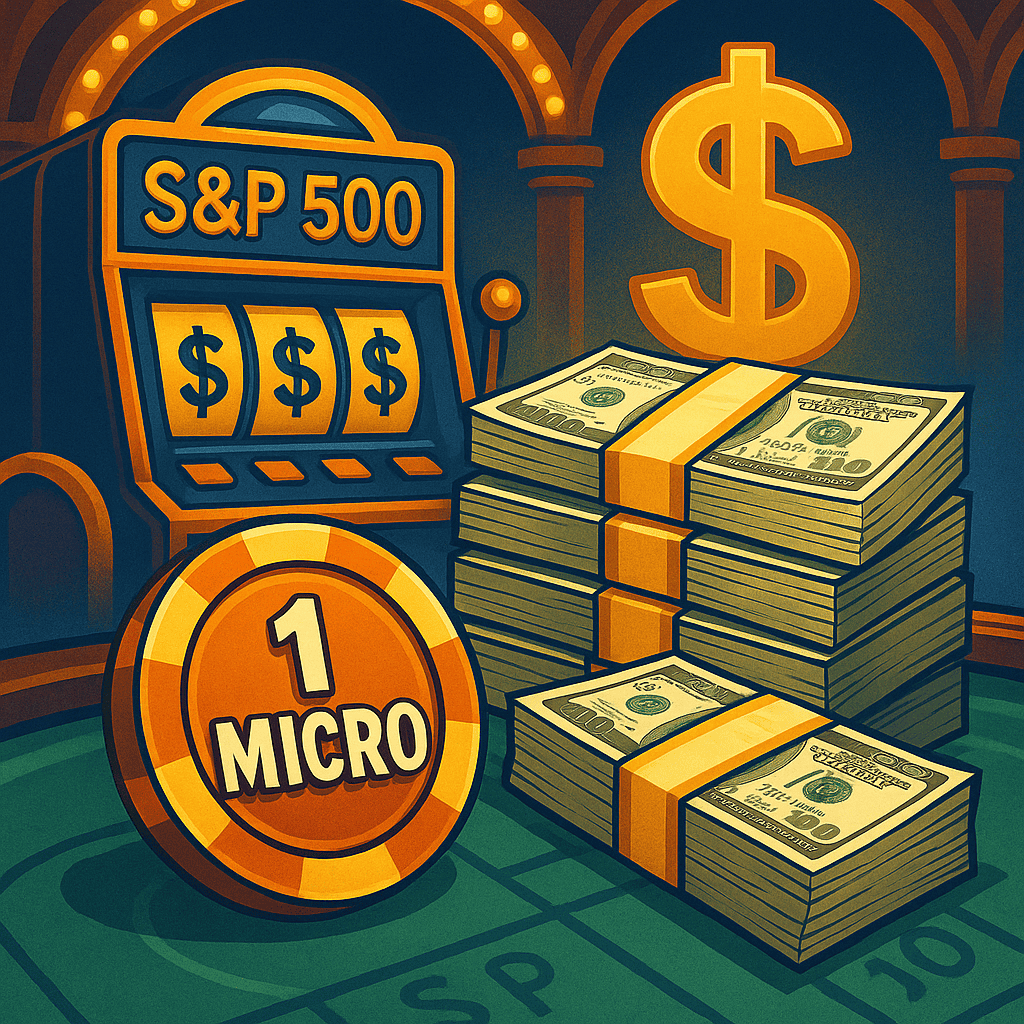 Casino-themed illustration featuring a large poker chip labeled “1 MICRO” on a green felt table with S&P 500 slot machines, roulette wheel, stacks of $100 bills, and a golden dollar sign, symbolizing big profits from trading a single micro ES contract.