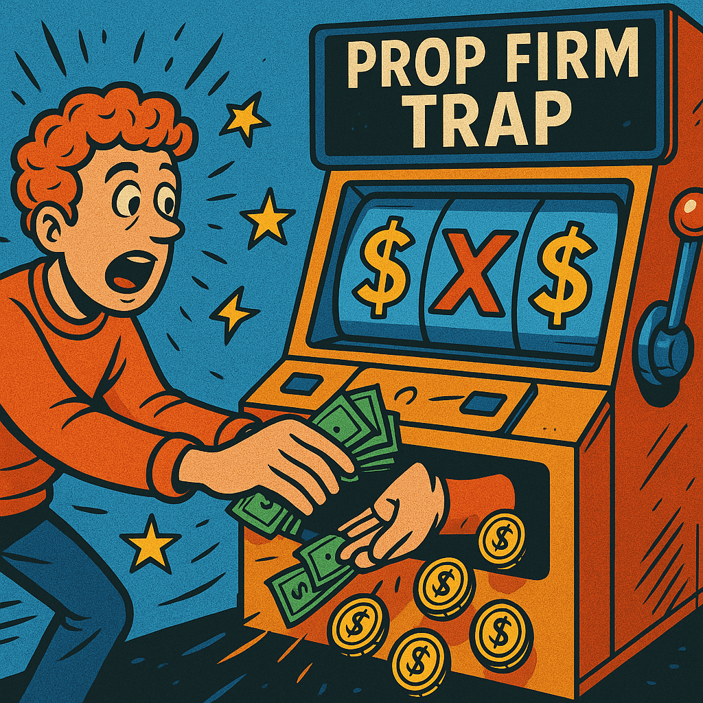 Cartoon slot machine labeled 'Prop Firm Trap' with reels showing candlestick charts and RESET, as a trader feeds cash into it.