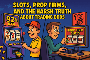 Comic-style split image comparing casino slots with 92% RTP to prop firm trading with 1% RTP, showing the harsh truth about trading odds.