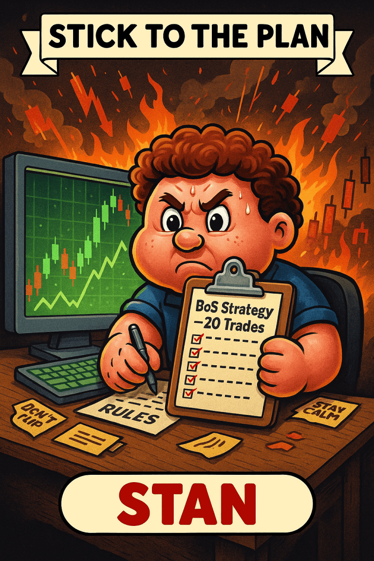 Cartoon-style image of “Stick to the Plan Stan,” a determined trader checking off trades on a 20-trade BoS strategy sheet while chaos erupts around him