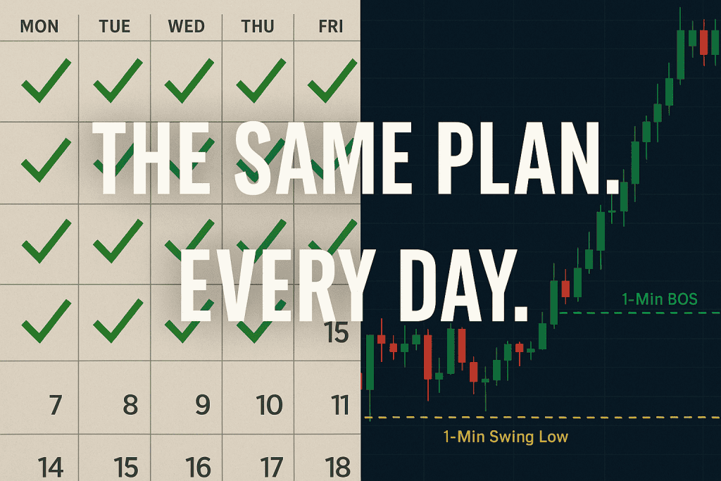 Calendar with green checkmarks next to consecutive days alongside a candlestick chart showing a one-minute BOS and swing low, with text “The Same Plan. Every Day.”