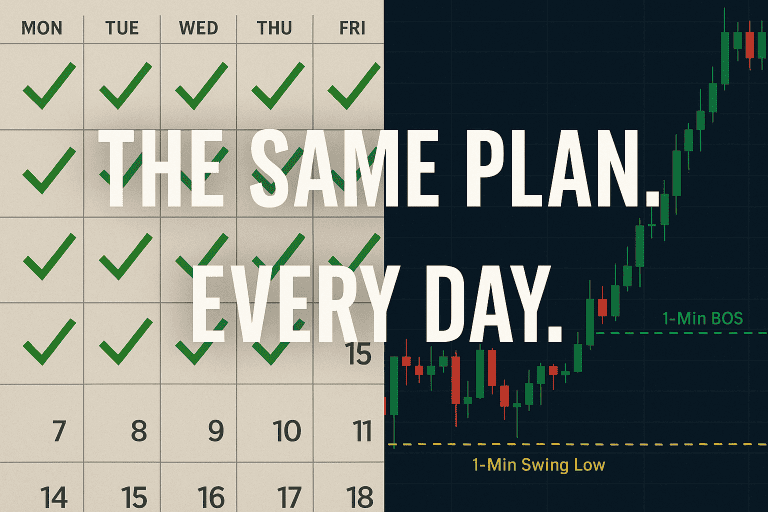 Calendar with green checkmarks next to consecutive days alongside a candlestick chart showing a one-minute BOS and swing low, with text “The Same Plan. Every Day.”