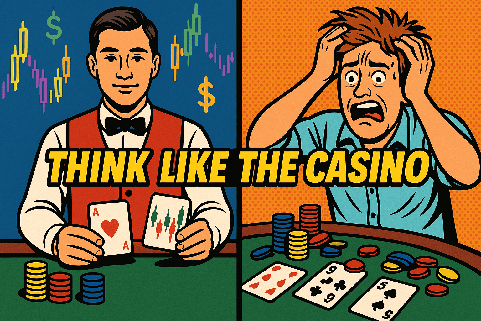 Cartoon split-screen of a calm casino dealer with candlestick cards versus a frazzled gambler, symbolizing the trading mindset of being the casino, not the player.