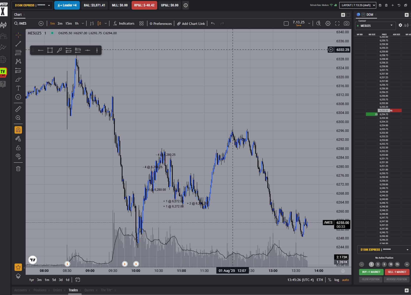 Topstep trade log showing two entries, one stop out, one partial, and final close with $48 loss on the day