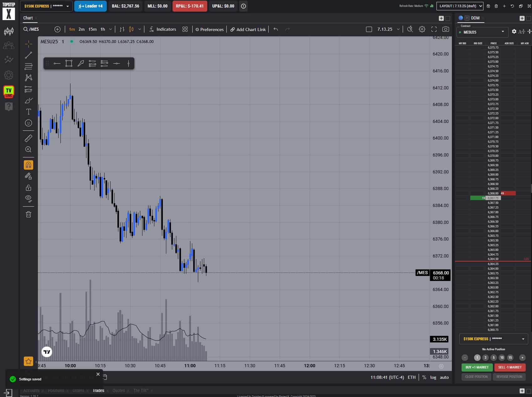 TopStep screenshot showing a $170.41 loss for Trade 14 and a remaining $2,767.56 balance, demonstrating disciplined execution across five accounts.