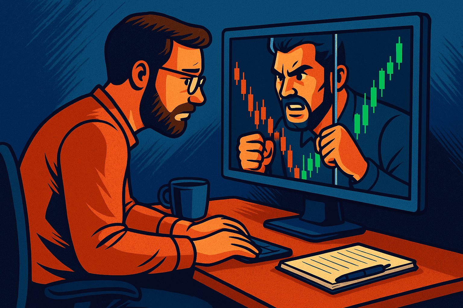 Cartoon illustration of a trader facing his reflection on the monitor with candlestick charts—symbolizing the inner battle of trading psychology.