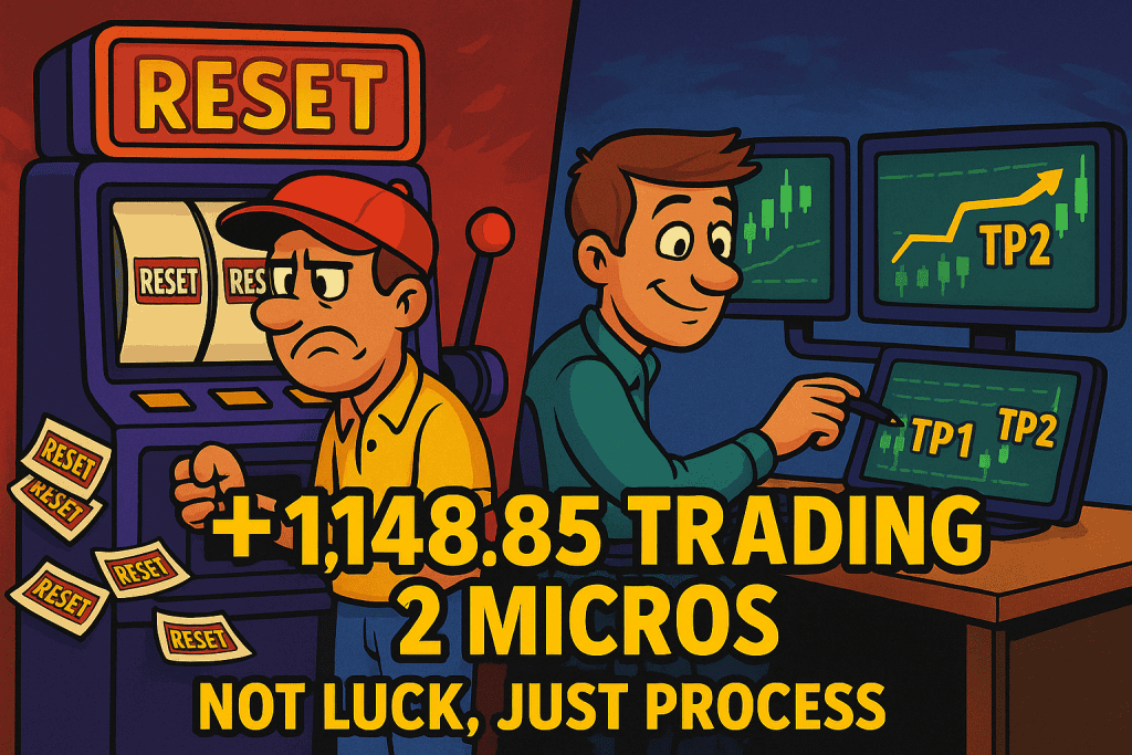 Cartoon split-screen: slot machine spitting RESET slips vs trader hitting TP1/TP2, with text +$1,148.85 Trading 2 Micros — Not Luck, Just Process.
