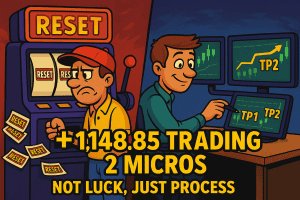 Cartoon split-screen: slot machine spitting RESET slips vs trader hitting TP1/TP2, with text +$1,148.85 Trading 2 Micros — Not Luck, Just Process.